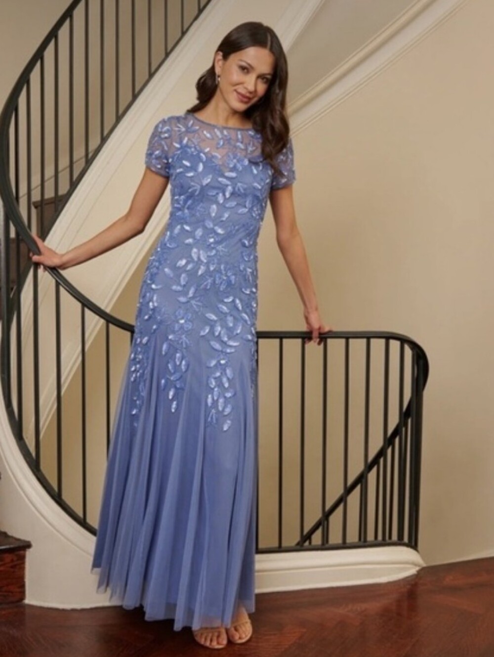 Adrianna Papell Embroidered Short-Sleeve Maxi Dress in Periwinkle Blue